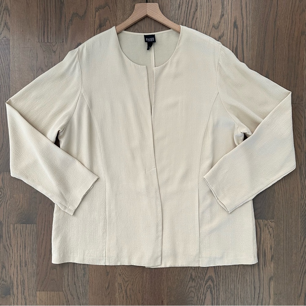 Eileen Fisher Woman Textured Silk Open Front Jacket Butter Yellow Cream 1X